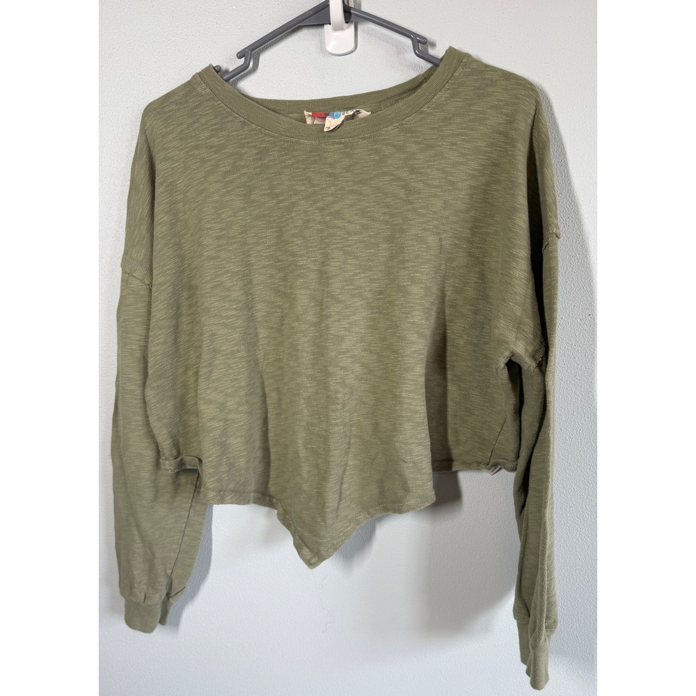 FP Beach Sweatshirt Top Small Green Cropped Slub Knit Sharkbite Hem Boho Sporty
